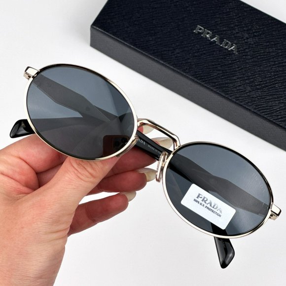 Prada PR65ZS ZVN09T Sunglasses Pale Gold Dark Grey Oval Metal Unisex - Picture 2 of 15